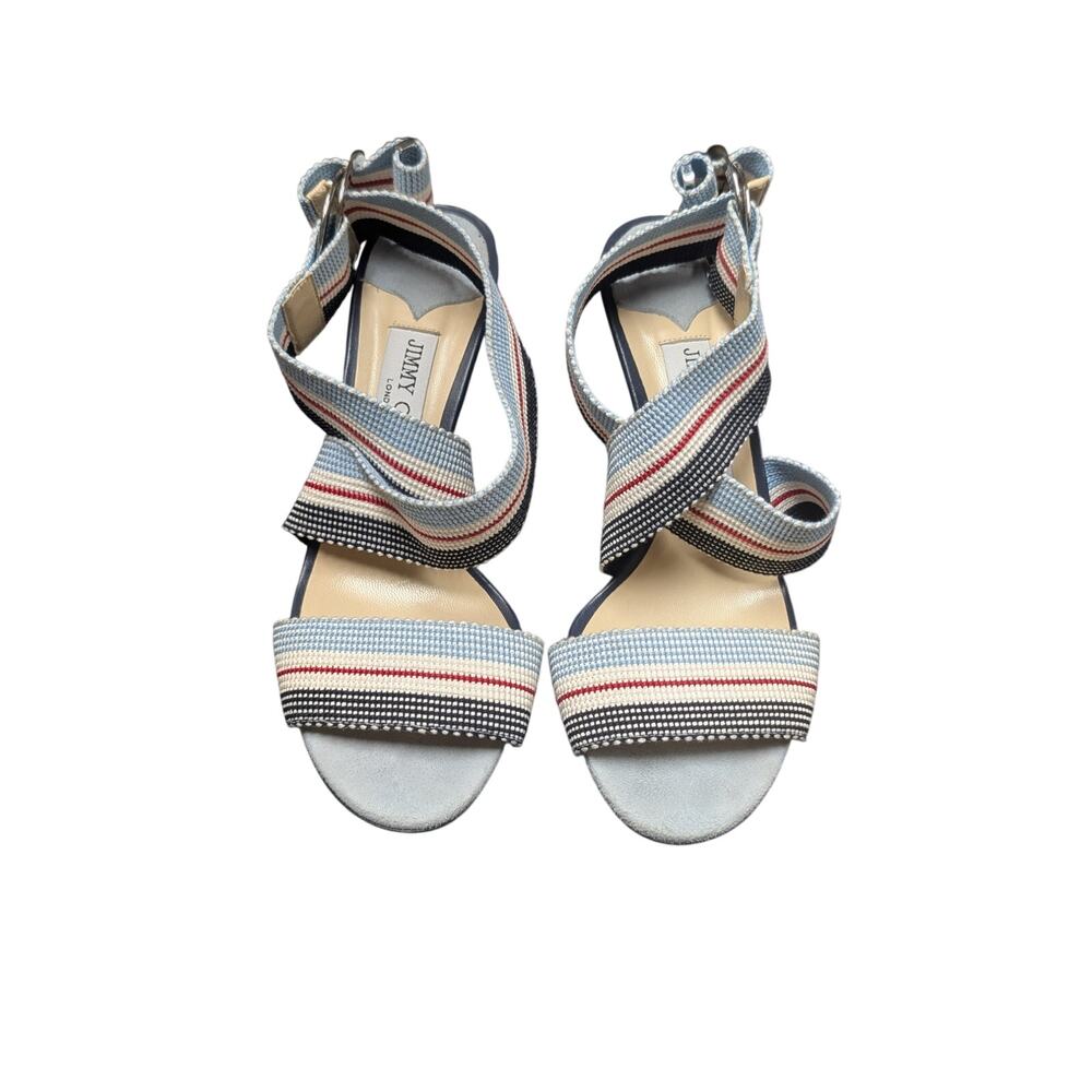 Authentic Jimmy Choo Bailey 100 Mix Blue Canvas Strap Sandal Heels Size 8 US